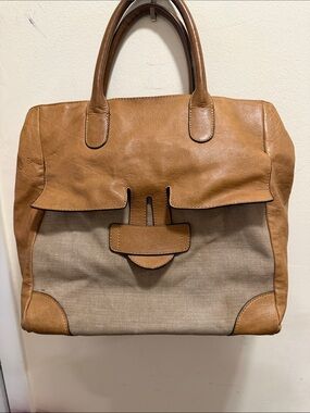 Canvas and Tan Leather Tote Bag – Structured Everyday Carryall with two zippers